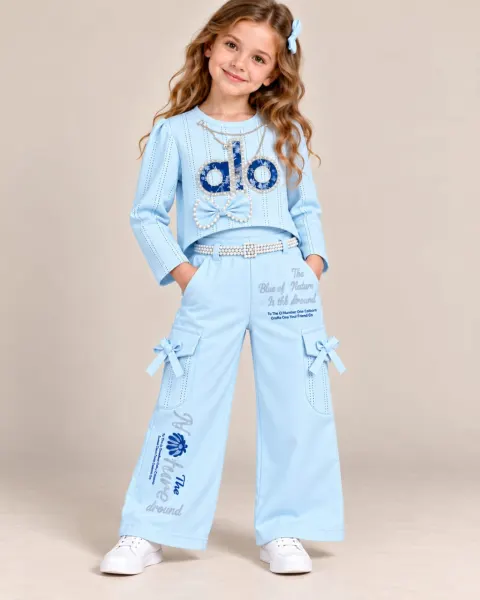 Girls Bow & Pearl Layered Wide-Leg Jumpsuit Set