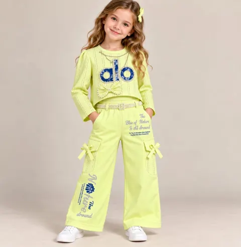 Lime Yellow Girls Bow & Pearl Layered Wide-Leg Jumpsuit Set