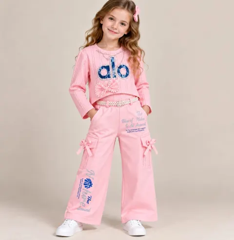 Blush Pink Girls Bow & Pearl Layered Wide-Leg Jumpsuit Set