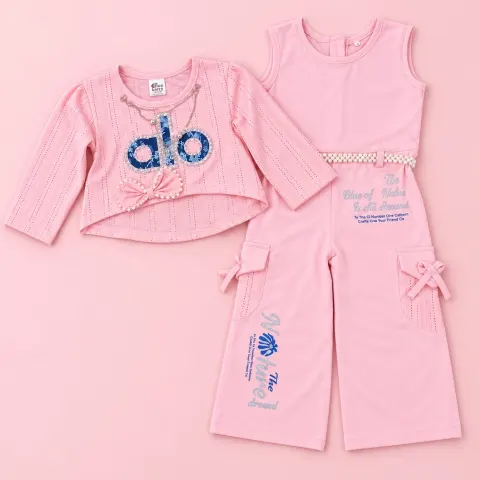 Blush Pink Girls Pretty Bow Jumpsuit Set with Matching Top