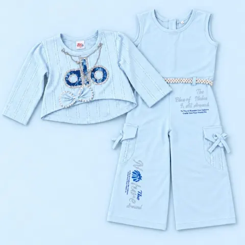 Baby Blue Girls Pretty Bow Jumpsuit Set with Matching Top